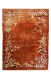 Vintage Chinese Art Deco rug, 146x107 inches (372x272 cm), featuring a captivating brown and orange color palette with geometric patterns, handcrafted by skilled artisans